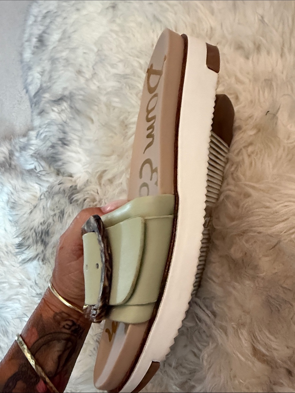 Sam Edelman Pistachio Slide Sandals with Marbled Buckle - Picture 7 of 8
